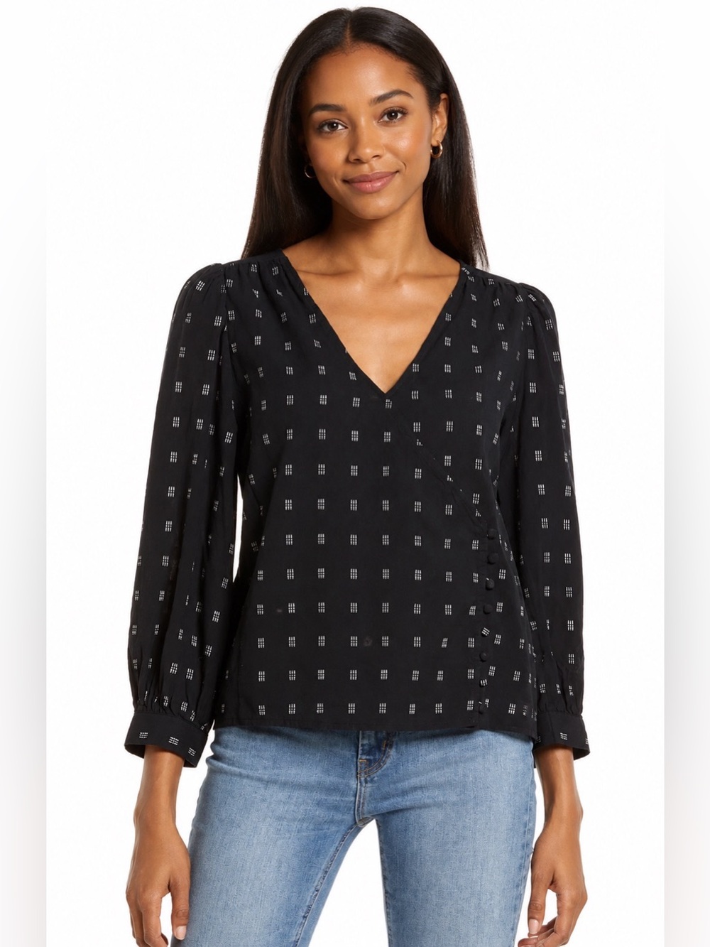 Madewell NWT Kinston Side-Button Wrap Top Black Long Sleeve Women Size XL
